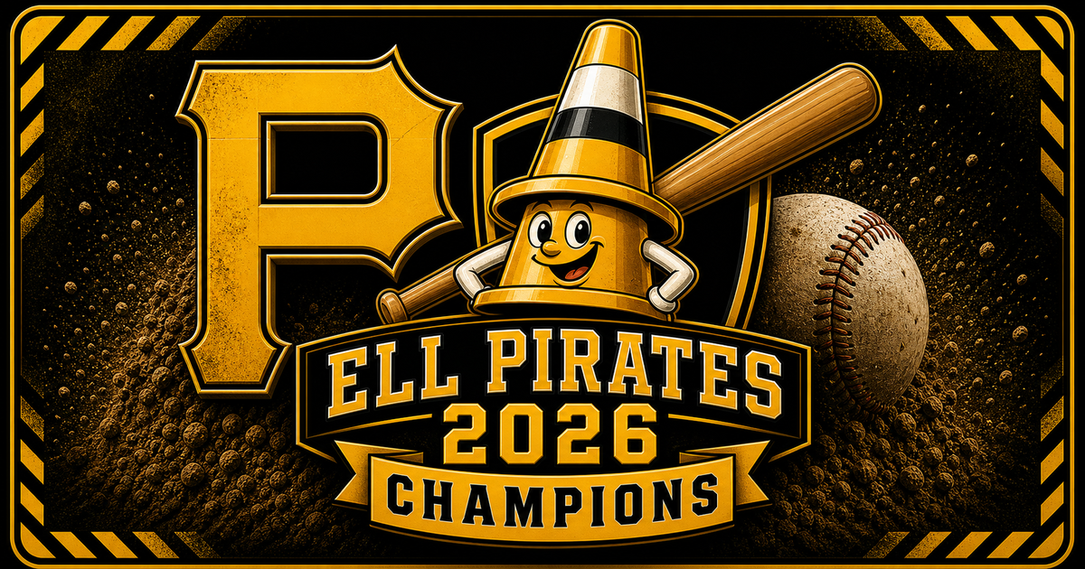 ELL Pirates 2026 Champions cartoon badge with baseball and cone mascot